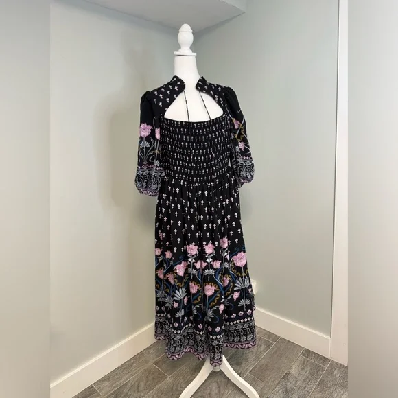 Anthropologie Dasha Smocked Midi Floral Tie Bohemian Dress Size Large - Picture 4 of 17